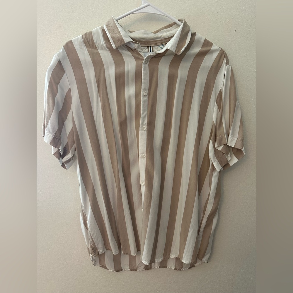 Denim and flower Striped Tan and White Men's Shirt